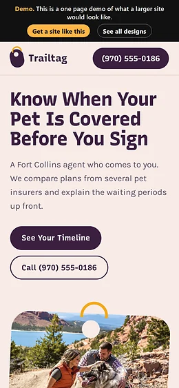 Pet Insurance website design on a phone