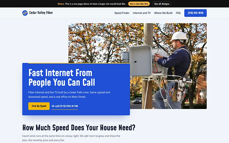 Internet and TV Provider website design, Cobalt Prairie style, desktop view