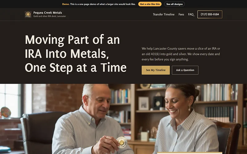 Precious Metals / Gold IRA website design, Walnut and Brass style, desktop view