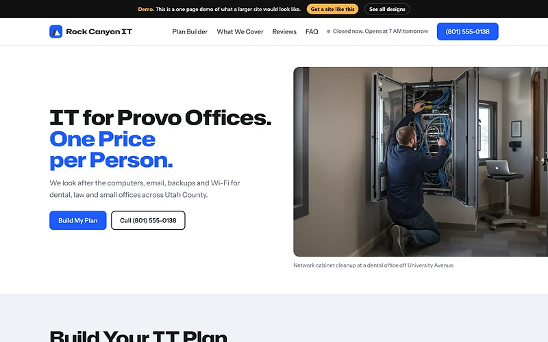 Managed IT Services website design, Clean Desk Blue style, desktop view