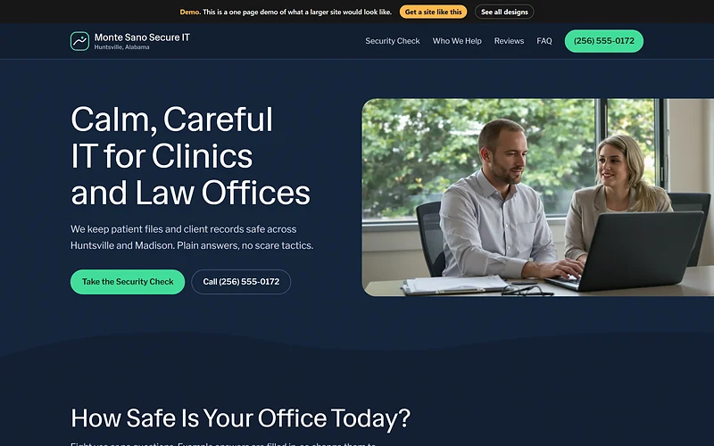 Cybersecurity IT website design, Calm Night Shift style, desktop view