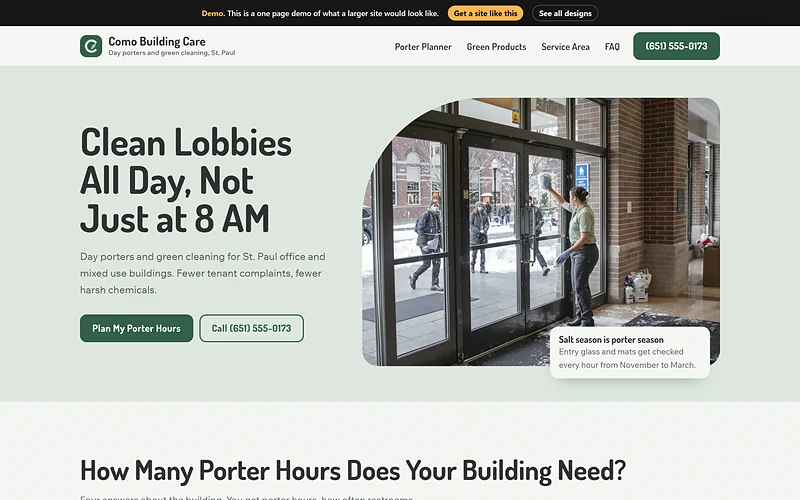 Commercial Cleaning website design, Quiet Green Ledger style, desktop view