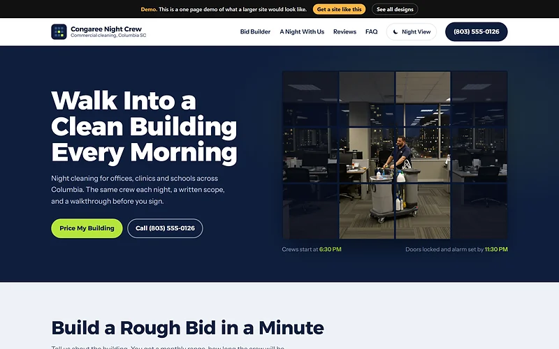 Commercial Cleaning website design, Lights On After Hours style, desktop view