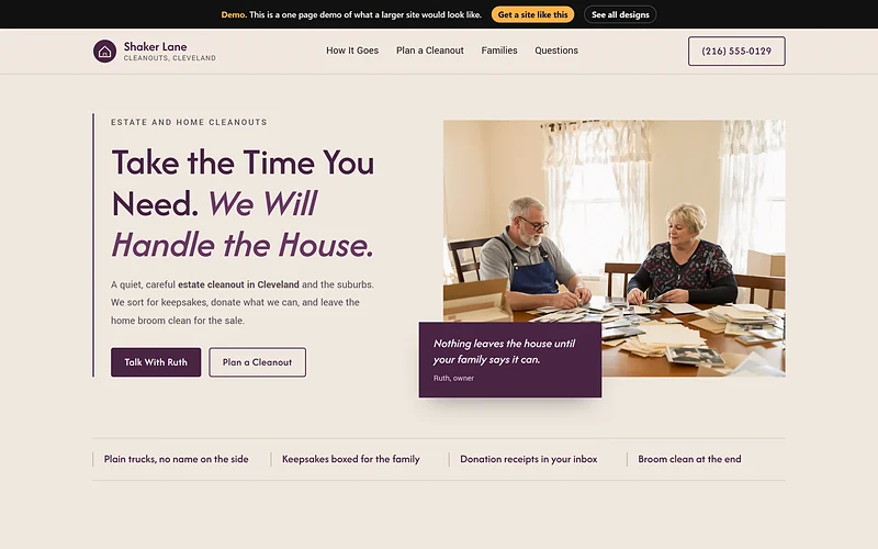 Estate Cleanouts website design, Quiet Plum Care style, desktop view