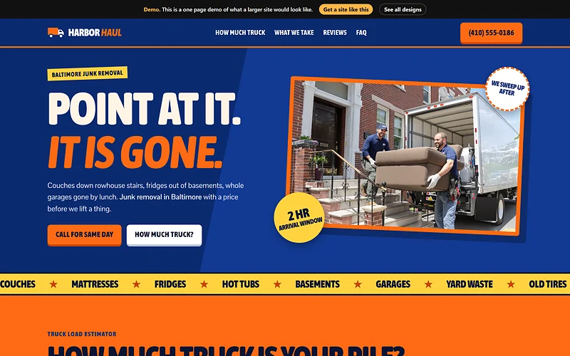 Junk Removal website design, Loud Truck Pop style, desktop view