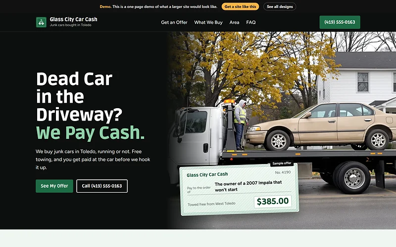 Junk Car / Cash for Cars website design, Greenback Check style, desktop view