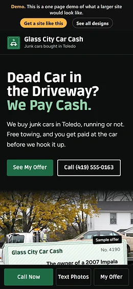 Junk Car / Cash for Cars website design on a phone