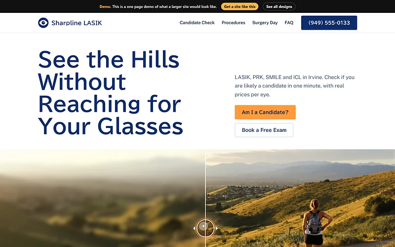 LASIK website design, Crisp Focus style, desktop view