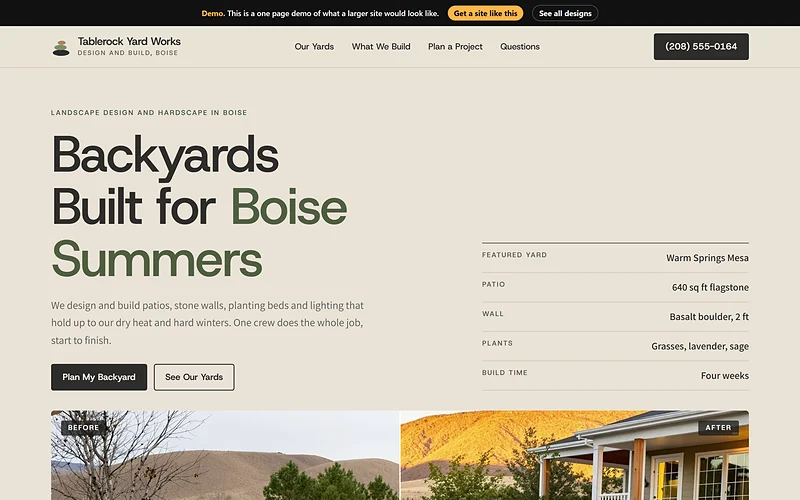 Landscape Design website design, Stone and Sage style, desktop view