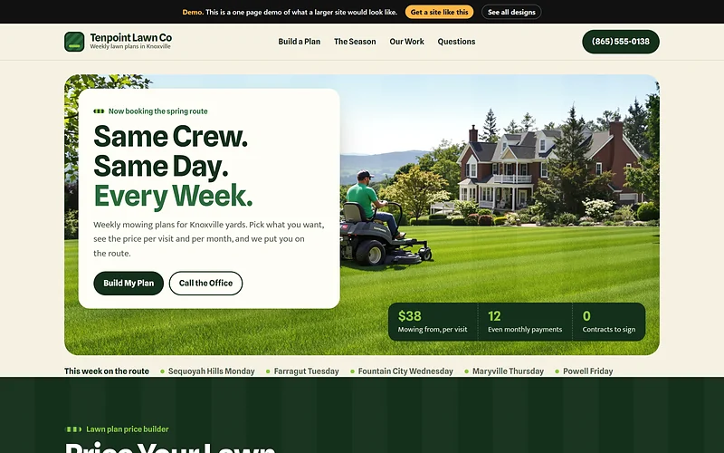 Lawn Care website design, Fresh Stripe Plan style, desktop view