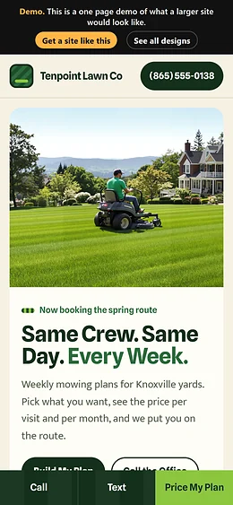 Lawn Care website design on a phone