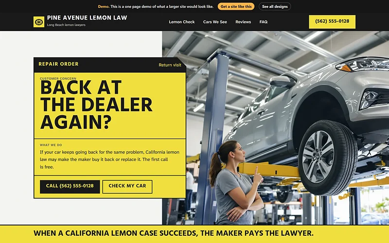 Lemon Law website design, Repair Order Yellow style, desktop view