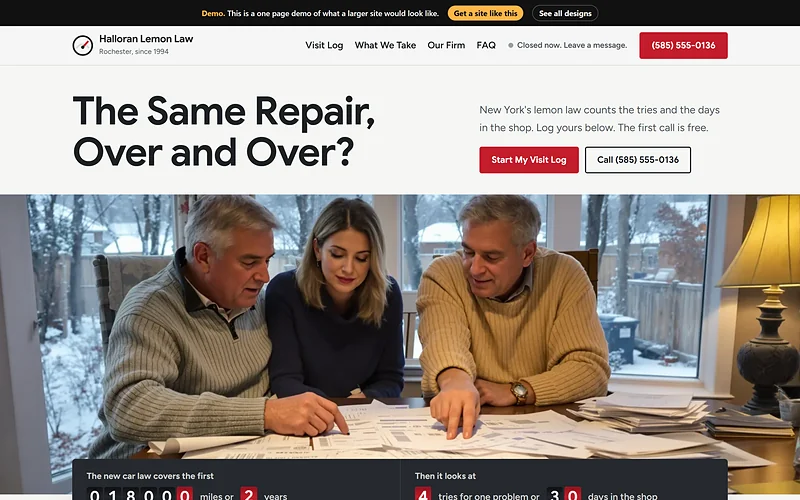 Lemon Law website design, Winter Odometer style, desktop view