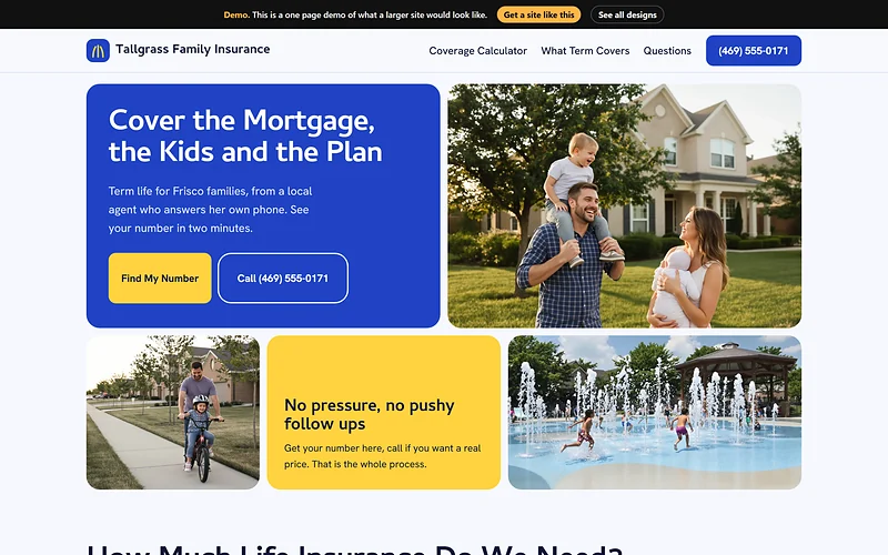Life Insurance website design, Cul de Sac Bright style, desktop view