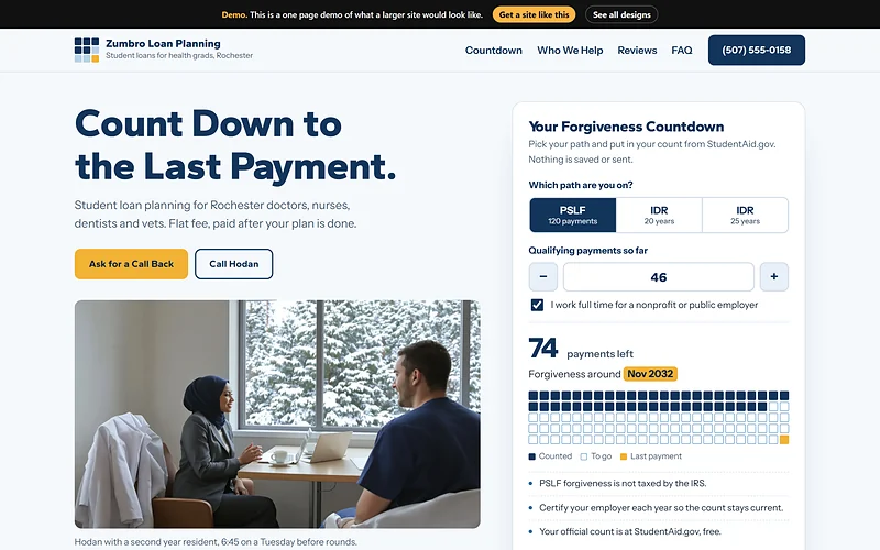 Student Loan Relief website design, Clinic White Countdown style, desktop view