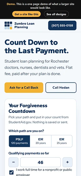 Student Loan Relief website design on a phone