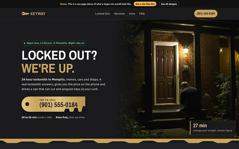 Locksmith website design, Brass Key Night style, desktop view