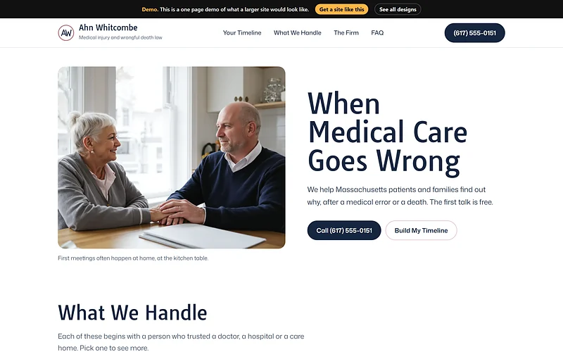 Medical Malpractice website design, Quiet Navy and Rose style, desktop view