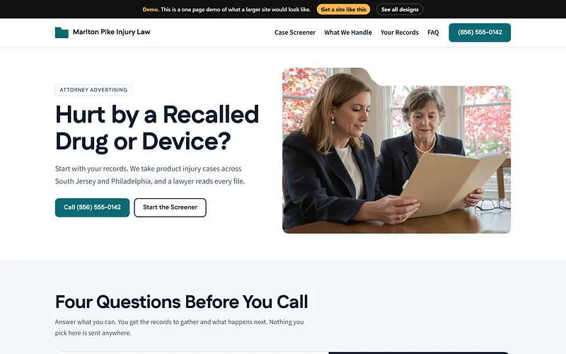 Mass Tort website design, Records Desk style, desktop view