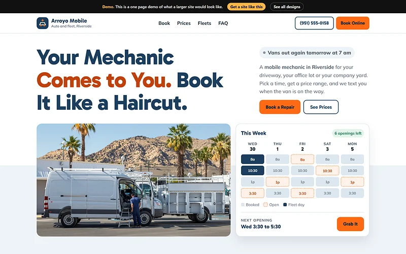Mobile Mechanic website design, Booked and Dispatched style, desktop view