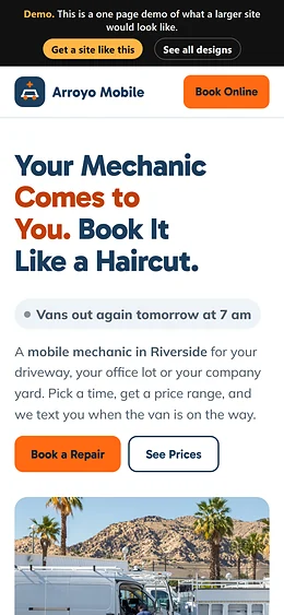 Mobile Mechanic website design on a phone