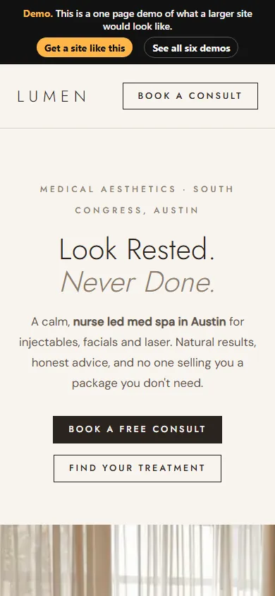 Med Spa website design on a phone