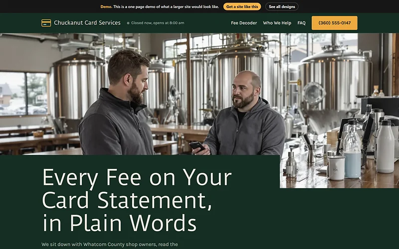 Merchant Services Agent website design, Evergreen Ledger style, desktop view