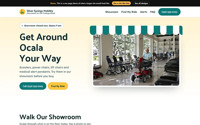 Mobility Equipment (Power Chairs / Scooters) website design, Sunny Showroom style, desktop view