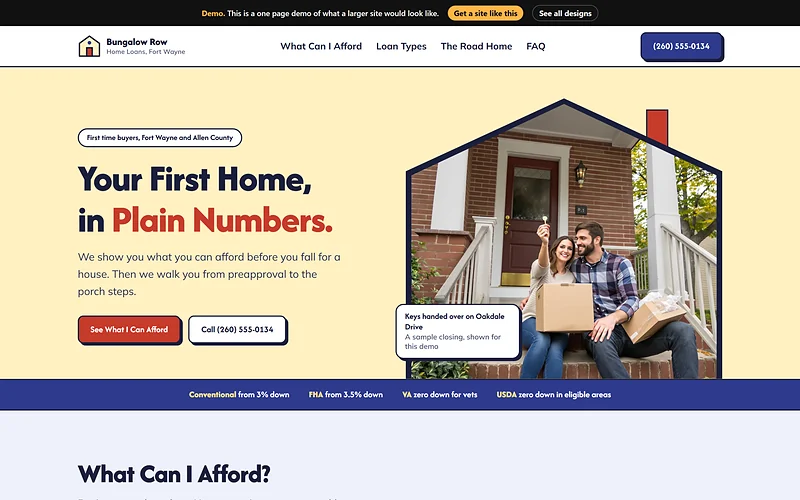 Mortgage (Purchase) website design, Front Porch Primer style, desktop view