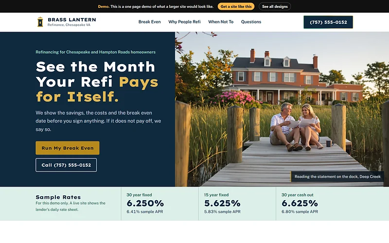 Mortgage Refinance website design, Harbor Ledger style, desktop view