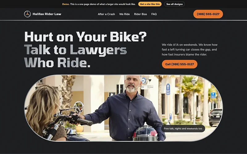 Motorcycle Accident Law website design, Matte and Chrome style, desktop view