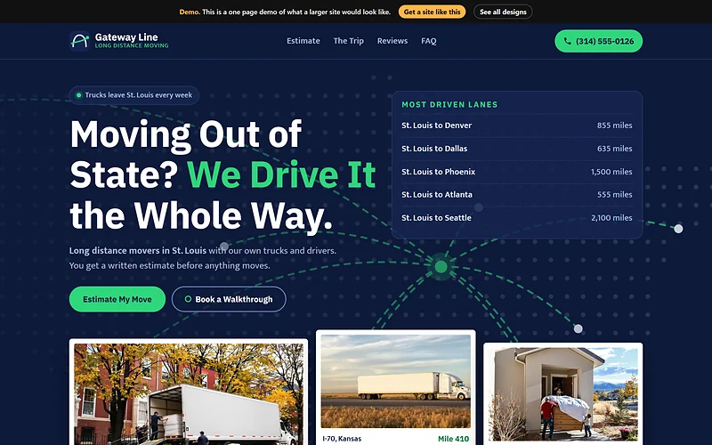 Long Distance Moving website design, Night Route Map style, desktop view