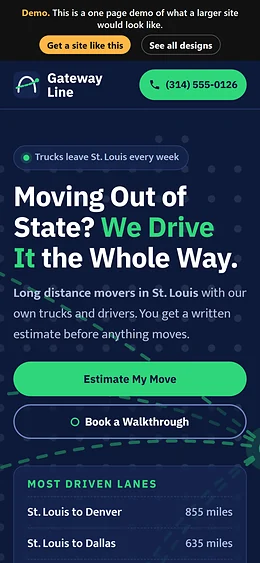 Long Distance Moving website design on a phone