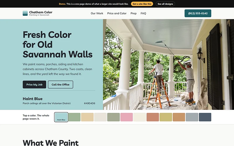 Painting website design, Paint Chip Deck style, desktop view
