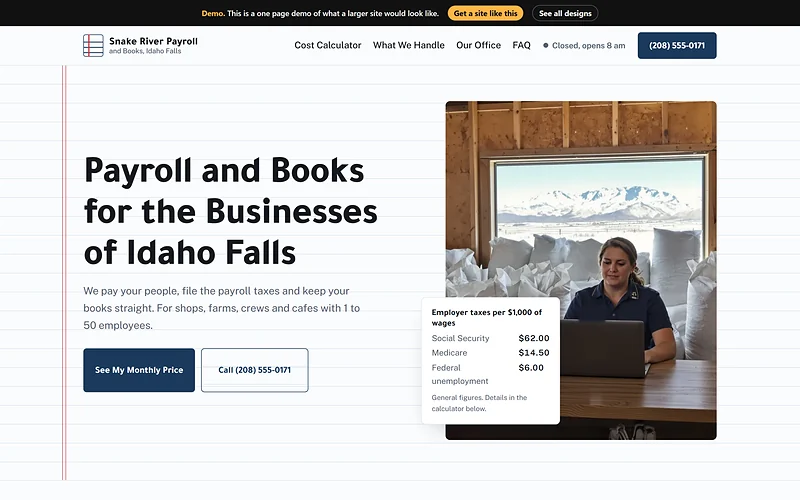 Payroll and Bookkeeping website design, Ledger Ruled style, desktop view