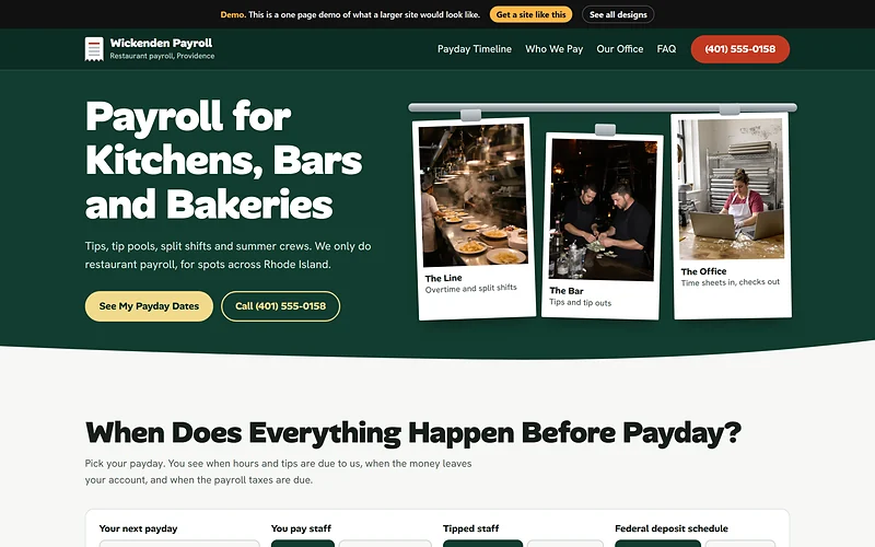 Payroll Services website design, Ticket Rail style, desktop view