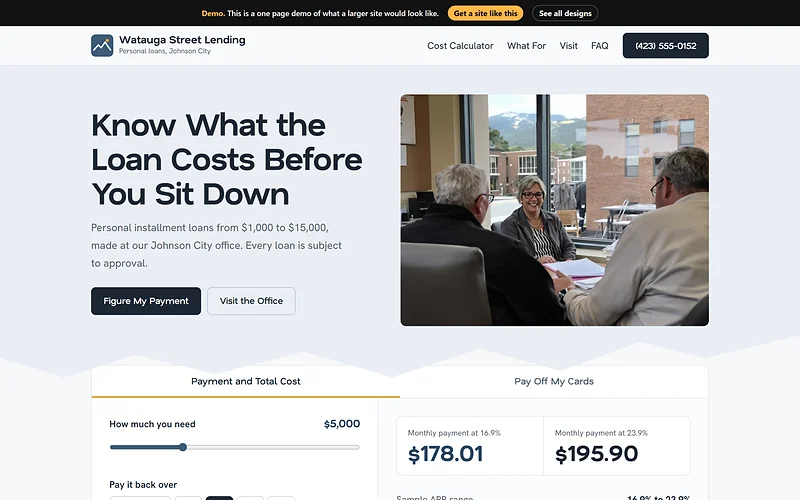 Personal Loans website design, Ridge Slate style, desktop view