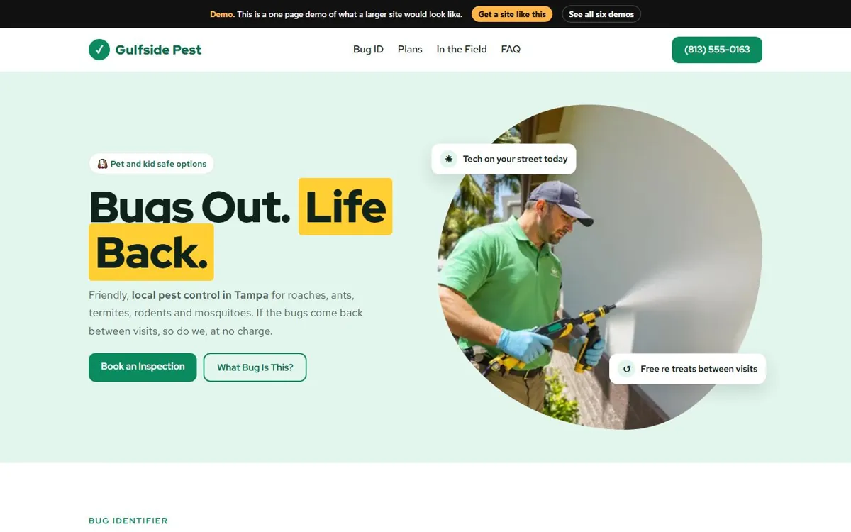 Pest Control website design, Bright and Friendly style, desktop view