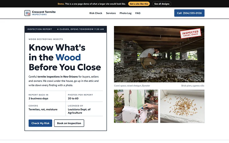 Termite Inspection website design, Inspection Report style, desktop view