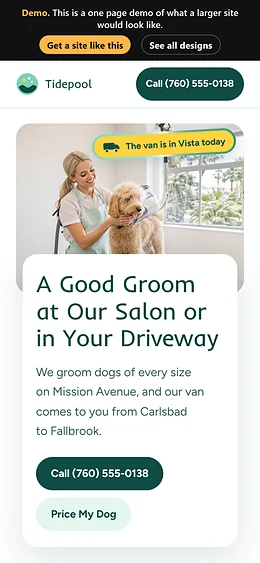 Pet Grooming website design on a phone