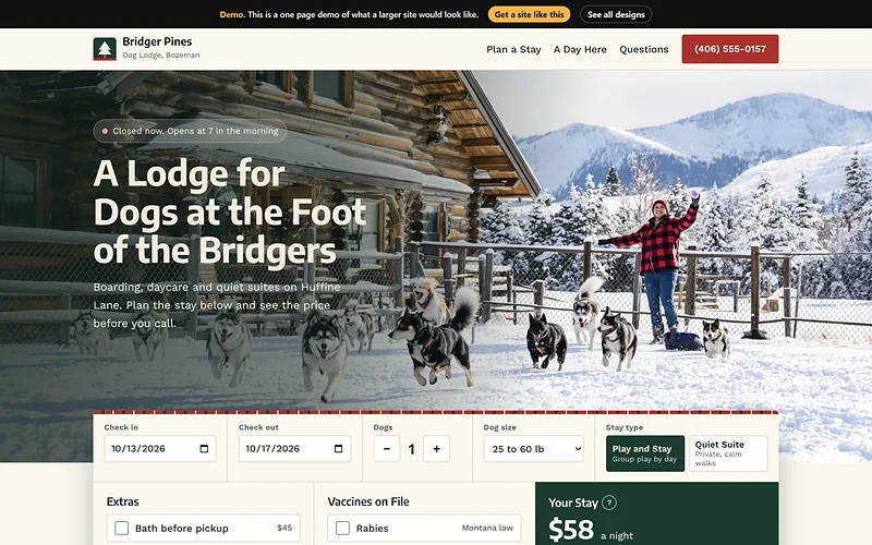 Dog Boarding website design, Pine Lodge style, desktop view