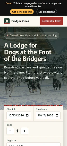 Dog Boarding website design on a phone