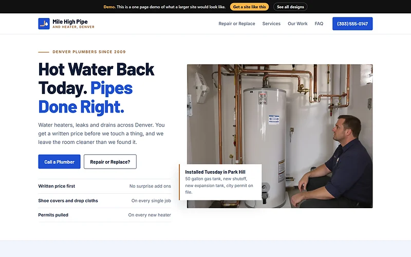 Plumbing website design, Crisp and Clean style, desktop view