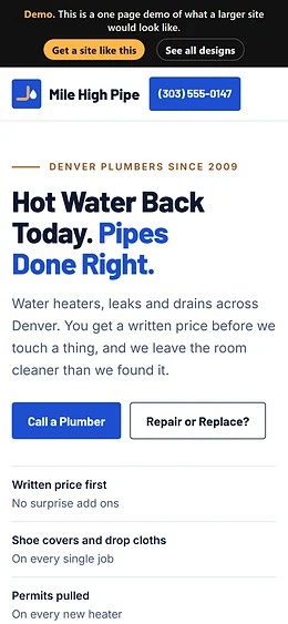 Plumbing website design on a phone