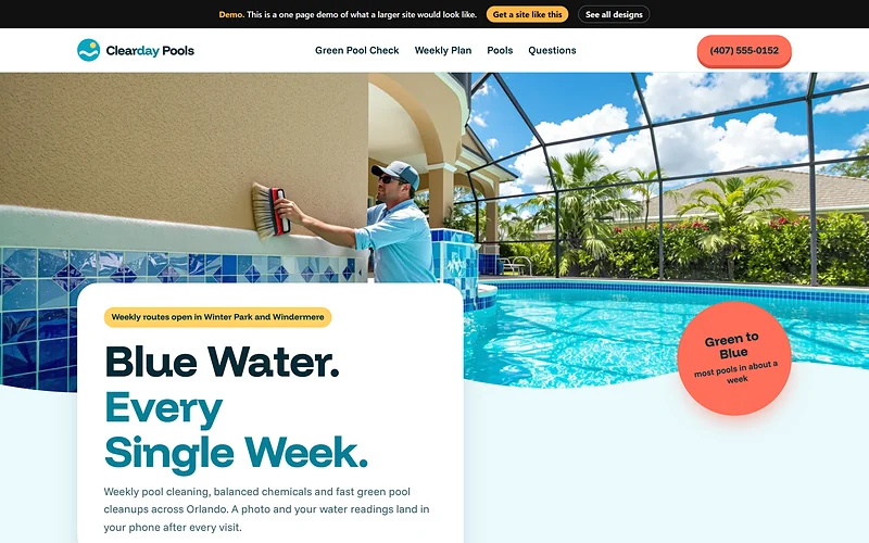 Pool Service website design, Splash Clean style, desktop view