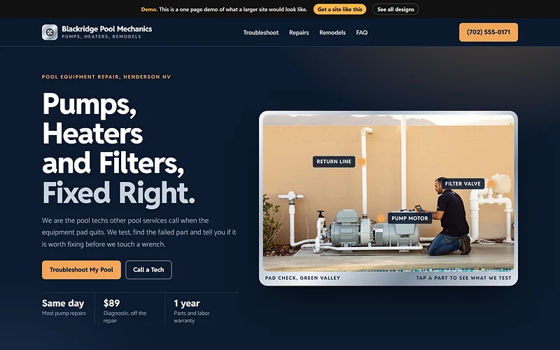 Pool Equipment Repair website design, Chrome Spec Sheet style, desktop view