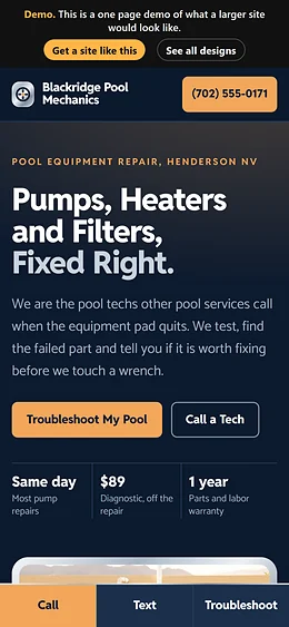 Pool Equipment Repair website design on a phone