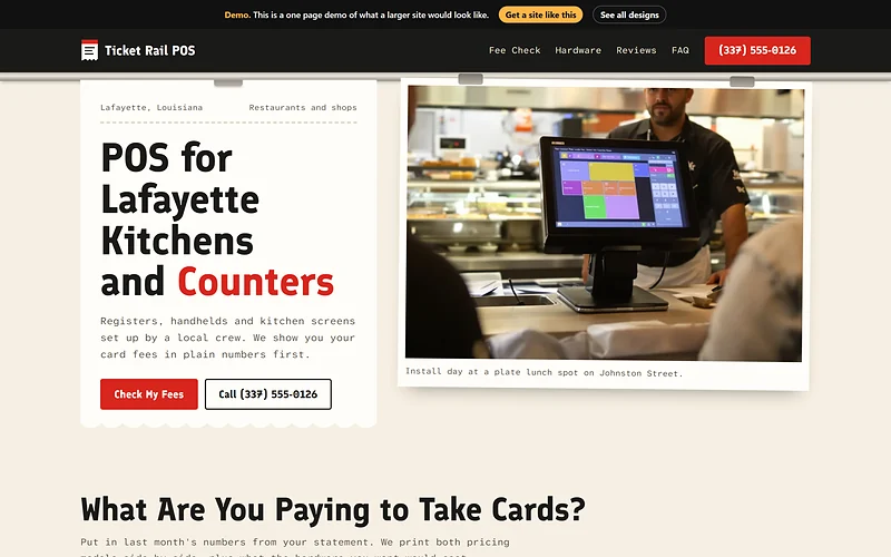 POS and Merchant Services website design, Kitchen Ticket style, desktop view