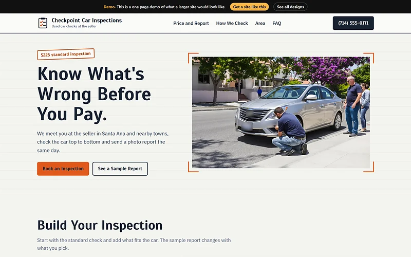 Pre-Purchase Inspection website design, Inspection Sheet style, desktop view