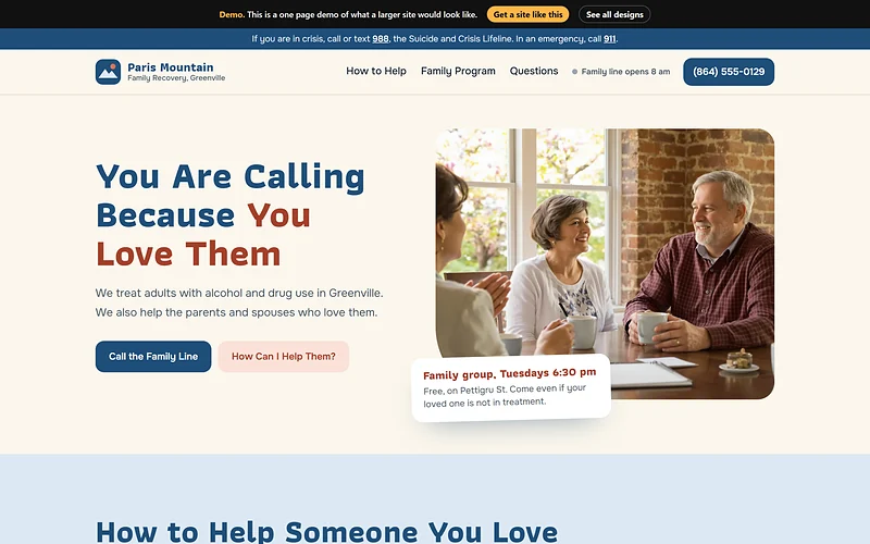 Addiction Treatment / Rehab website design, Kitchen Table Letter style, desktop view